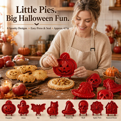 Halloween hand pie molds with baked pies and autumn baking scene