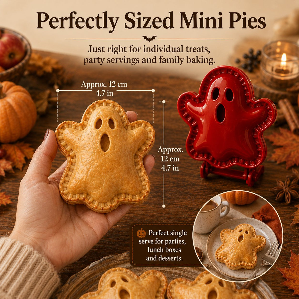 Ghost-shaped hand pie beside a red mold