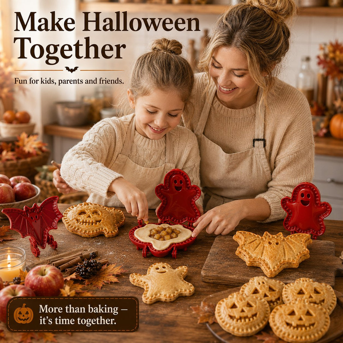 Family baking Halloween hand pies together