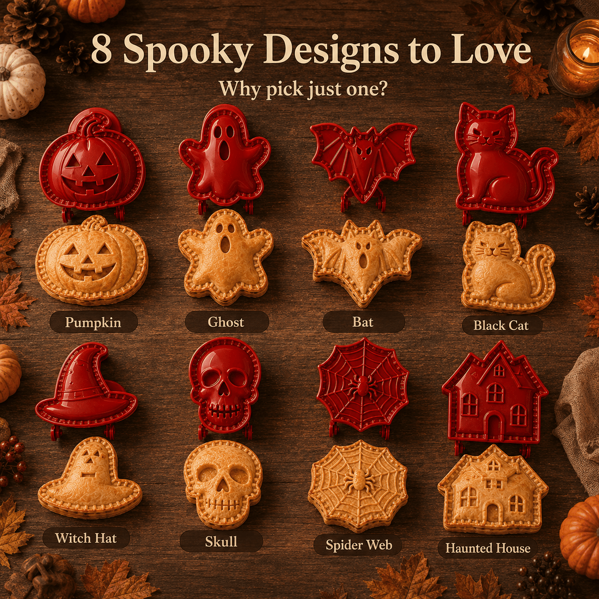 Eight Halloween pie mold design options
