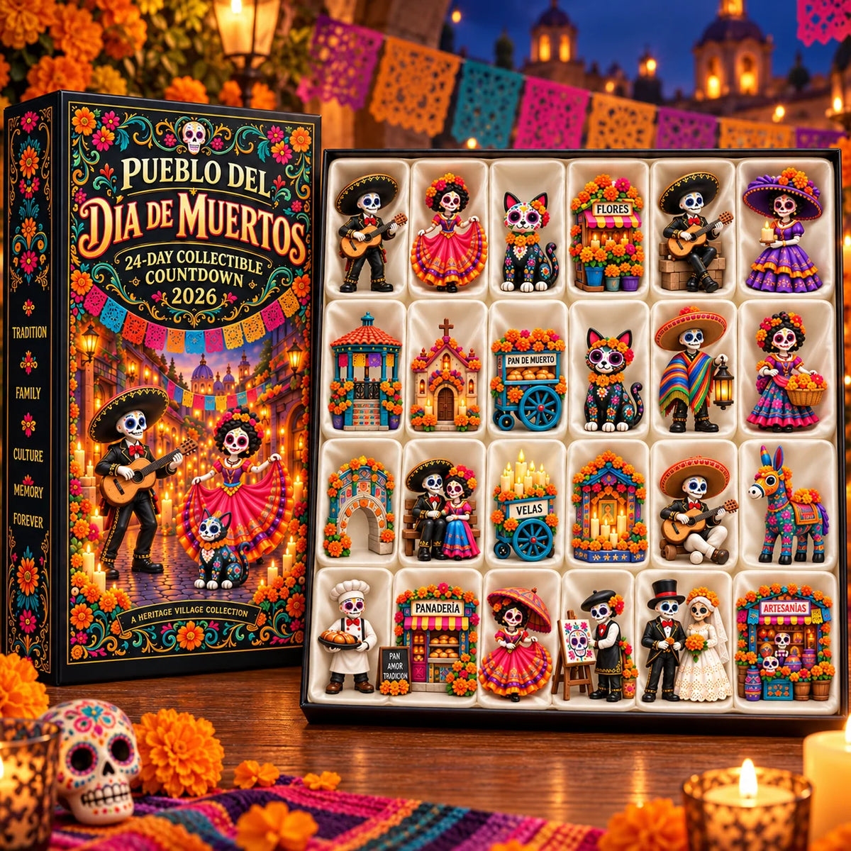 Countdown tray showing the 24-day miniature collection